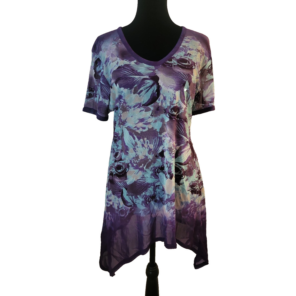 Papike Purple Floral Mini Dress Tunic Size S Fairy Artsy Shark bite hem Artsy